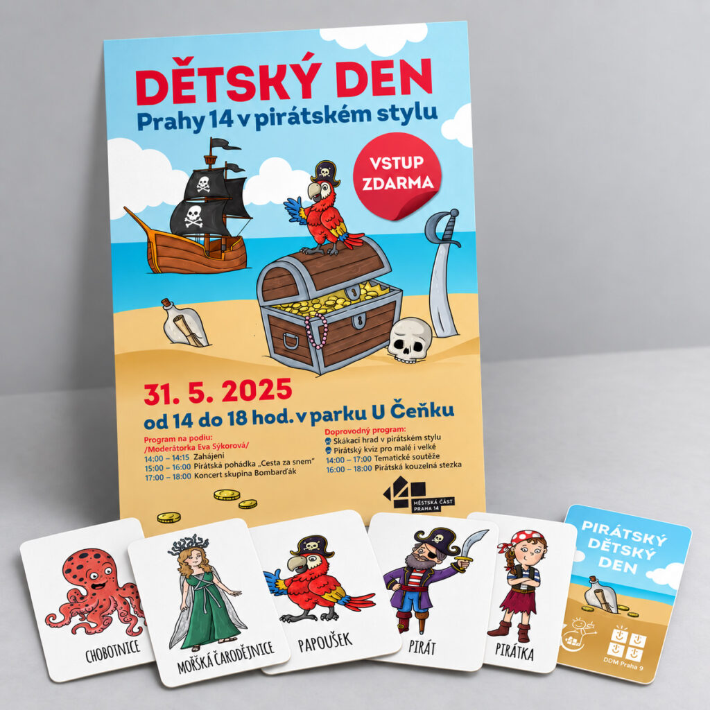 Ilustrovaný plakát a karty Pirátský den Praha 14